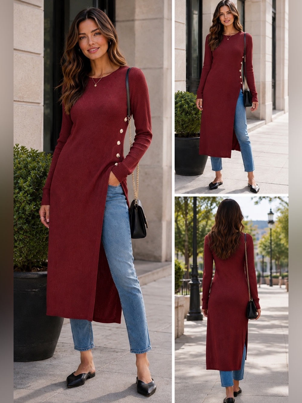 ShopEvelynne Ribbed Long Side-Slit Tunic in Plum